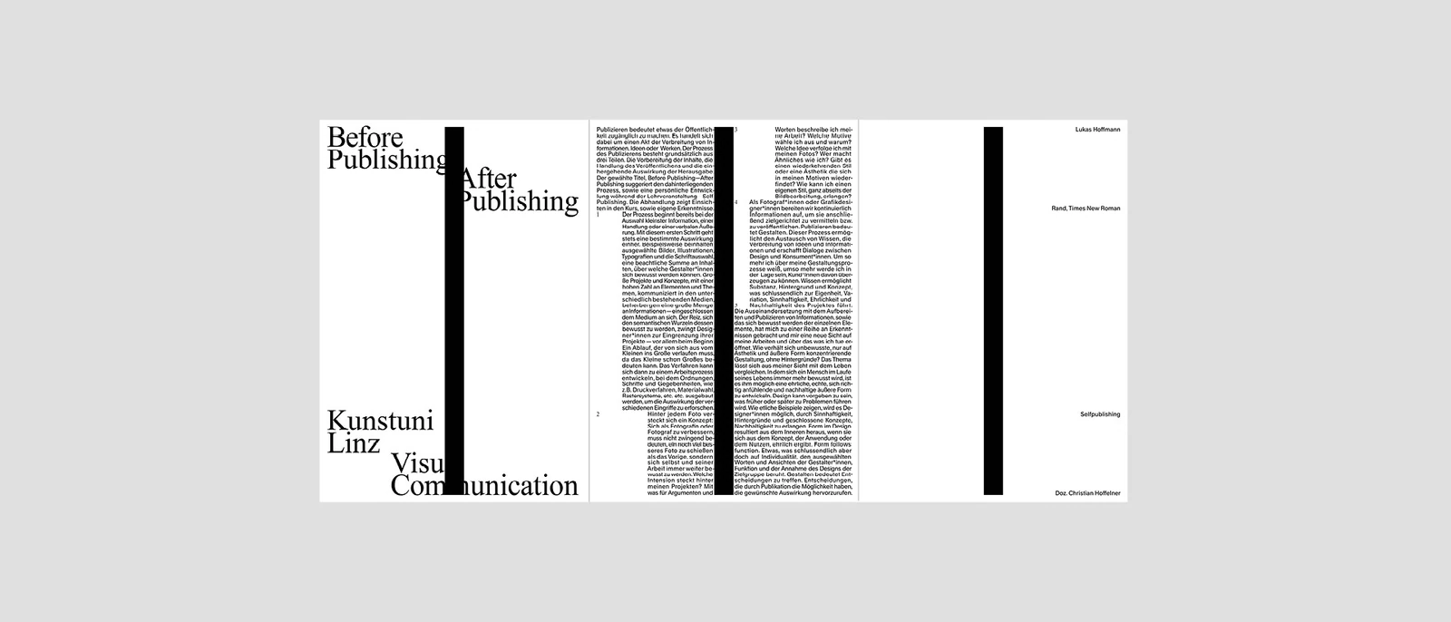 Text-heavy spread with a vertical black bar.