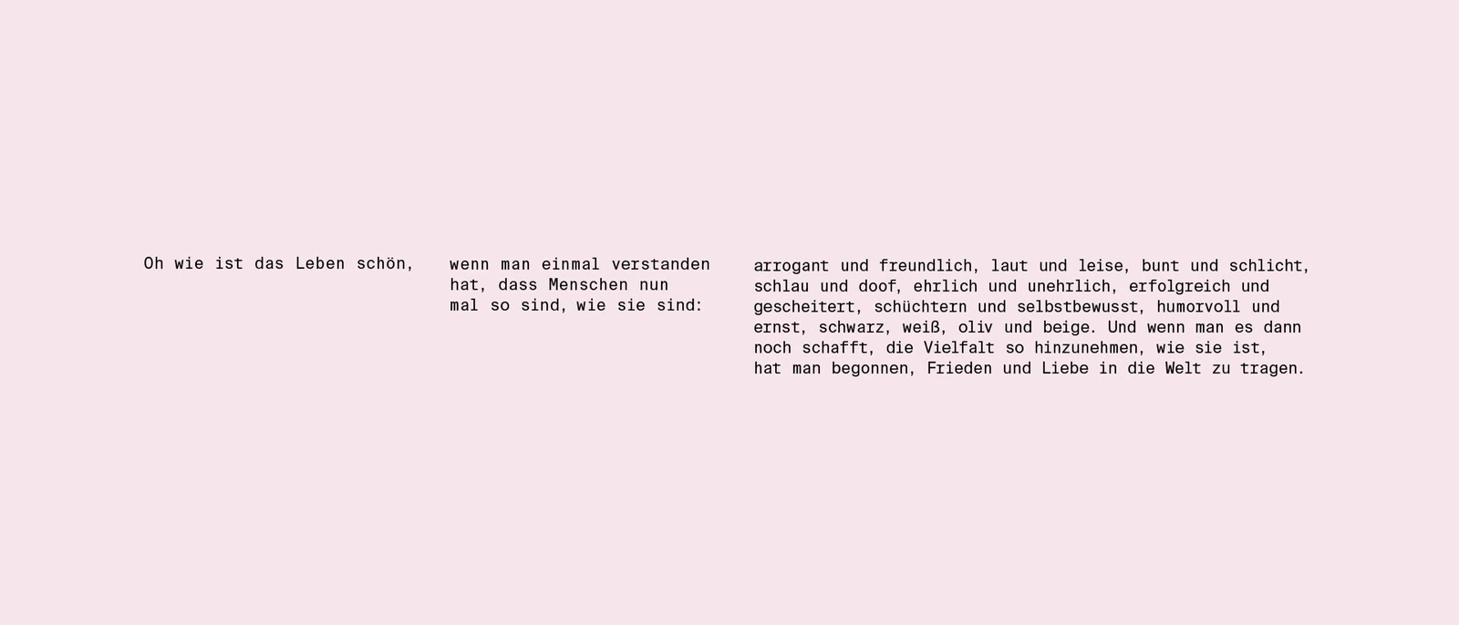 Pink poster with a short German text set in small black type.