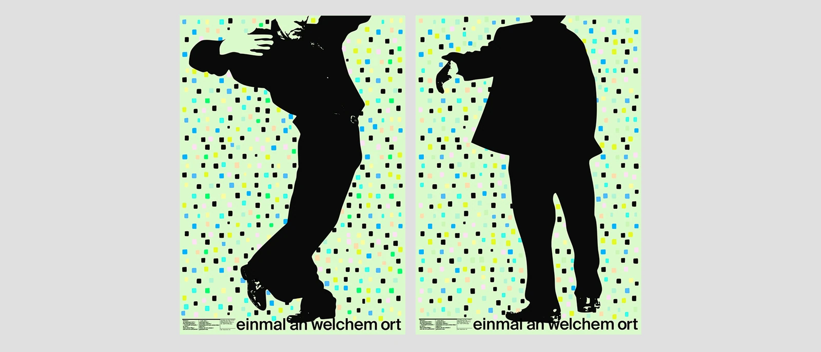Black silhouette figure in motion on a pale green dotted poster.
