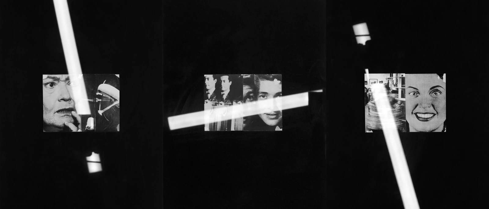 Framed black-and-white print with a collaged face crossed by a horizontal light reflection.