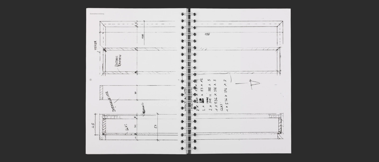 Open thesis spread with technical drawings and handwritten notes.