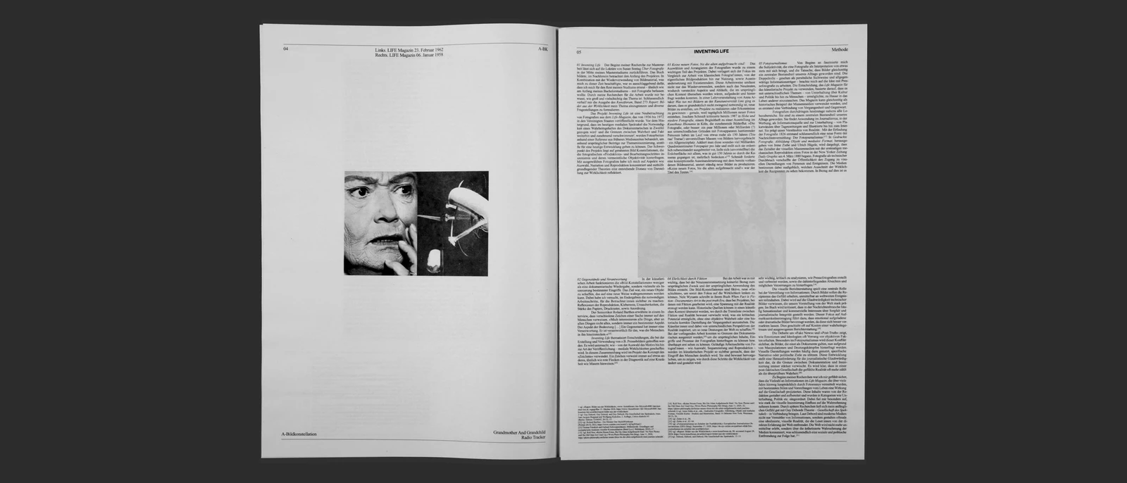 Open spread with a black-and-white portrait and text columns.