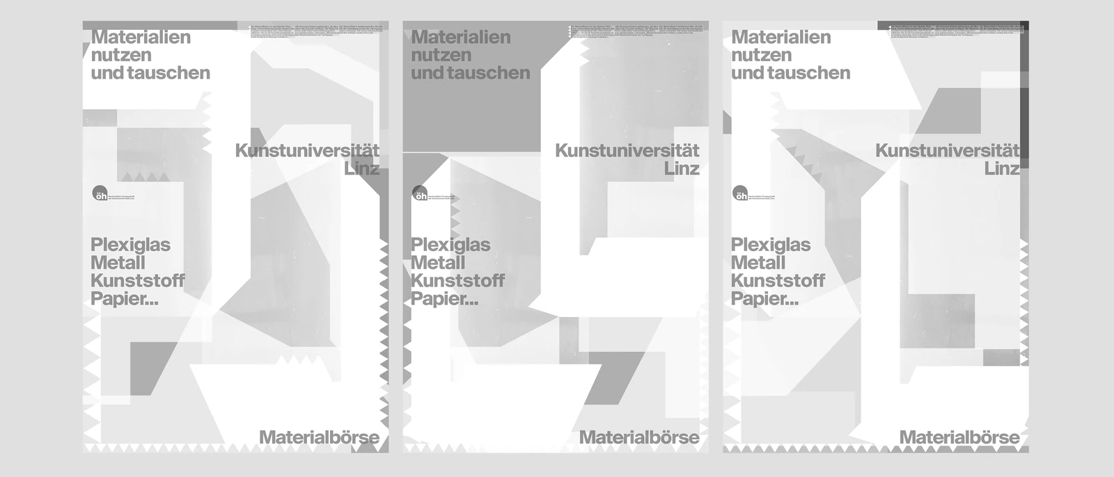 Three grey poster variations for the material exchange.