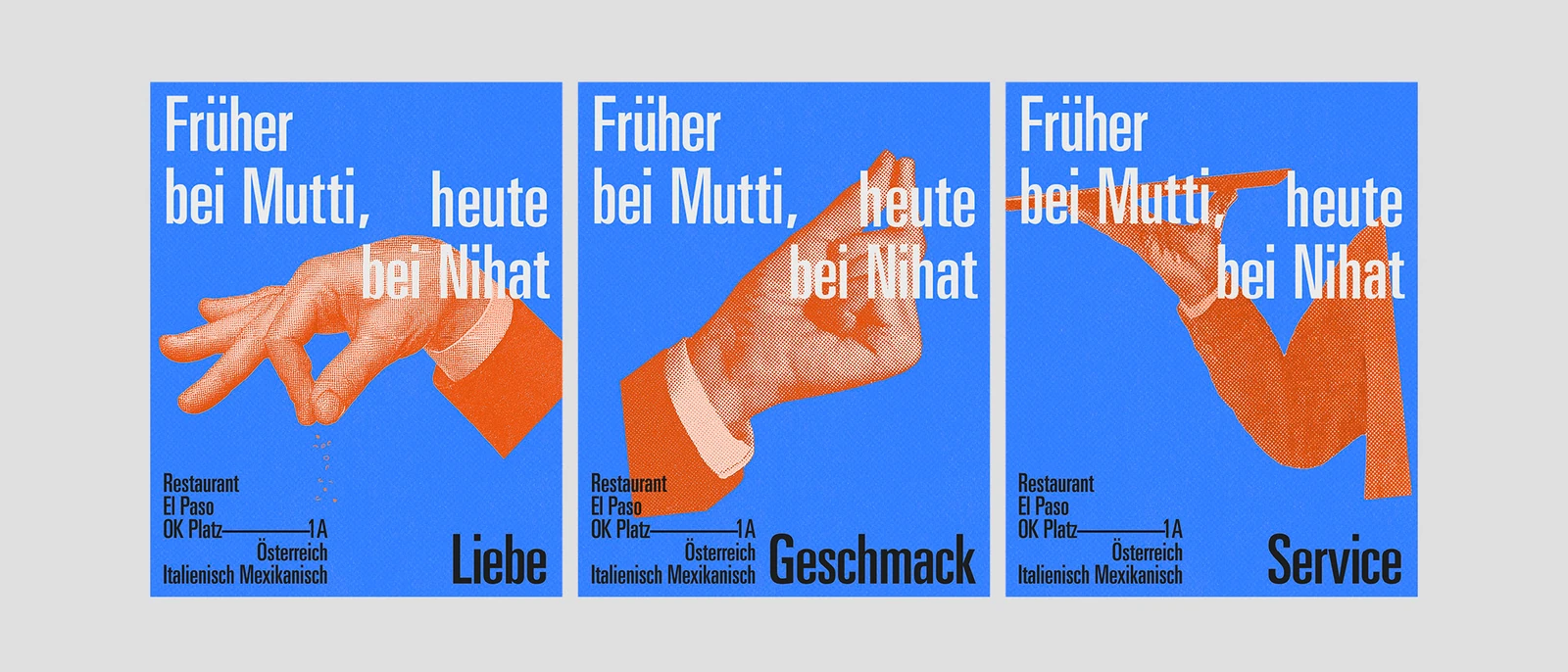 Blue and orange poster series with cropped hand gestures.