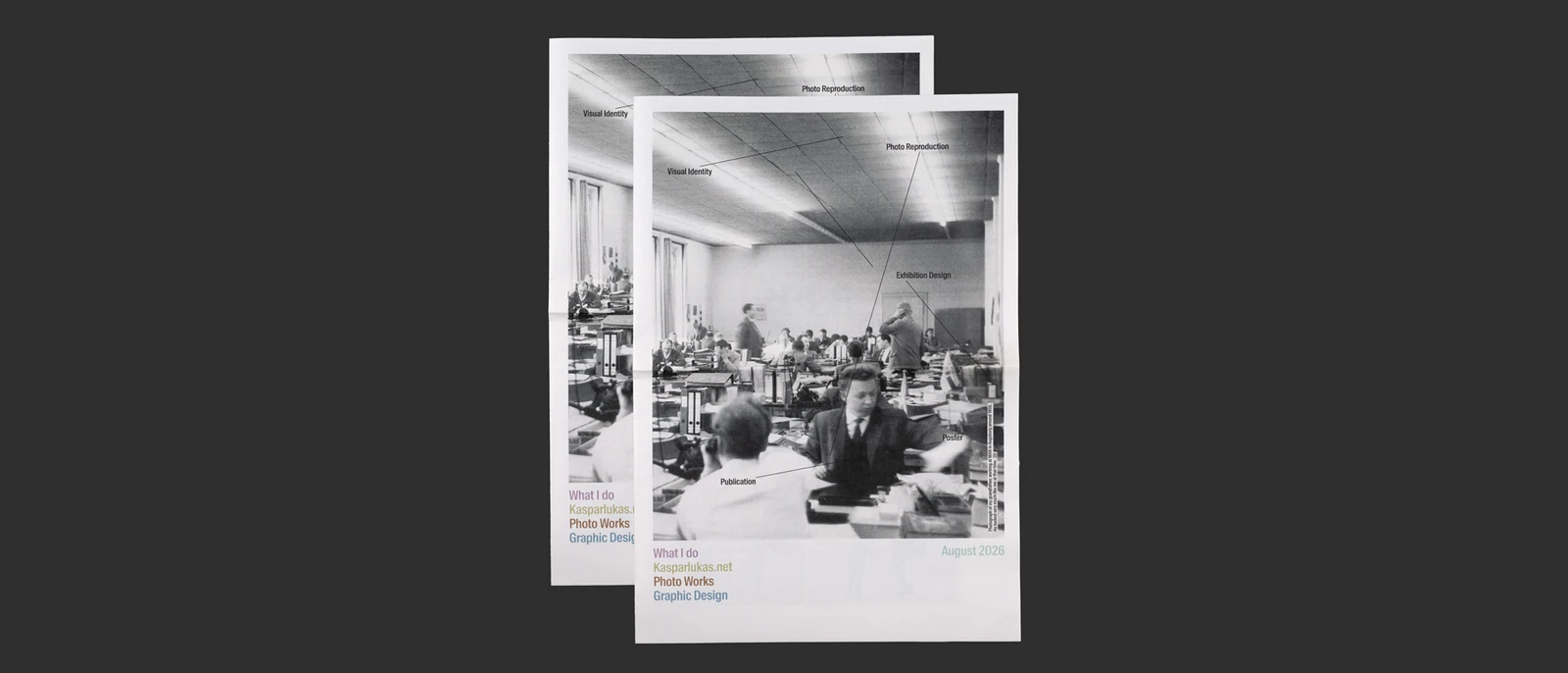Two overlapping sheets with an office photograph and labeled design disciplines.